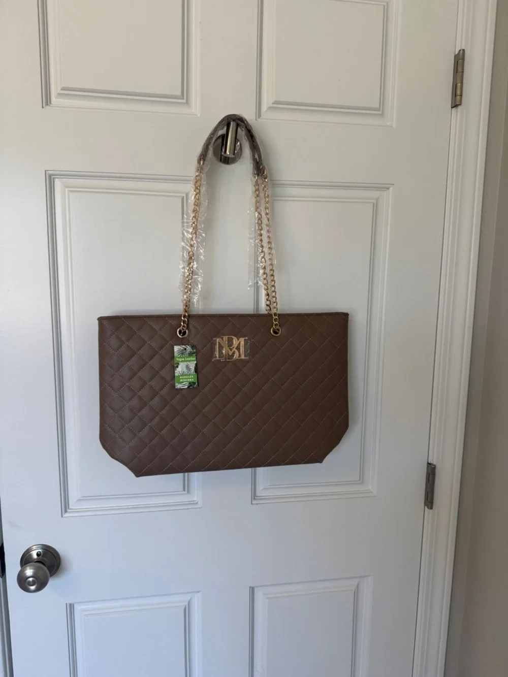 Badgley Mischka Quilted Brown Tote with Gold Chain Straps NWT